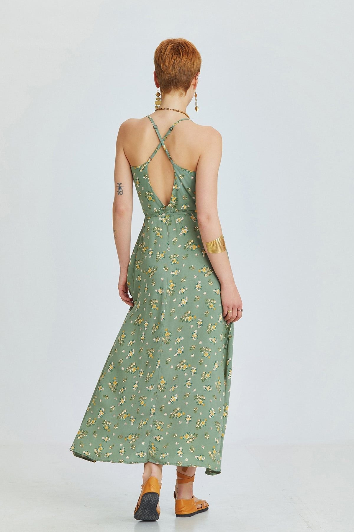 Green Floral Bohemian Midi Dress with Wrap Front