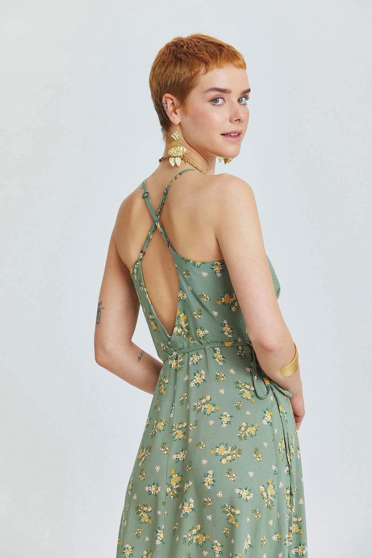 Green Floral Bohemian Midi Dress with Wrap Front