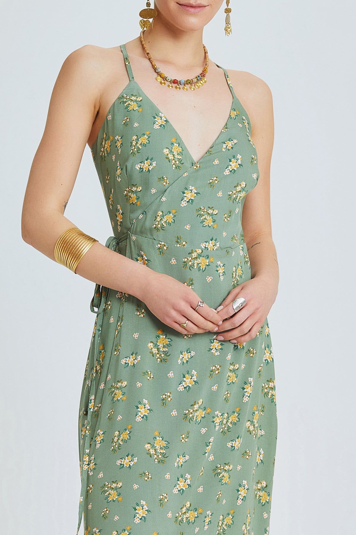 Green Floral Bohemian Midi Dress with Wrap Front