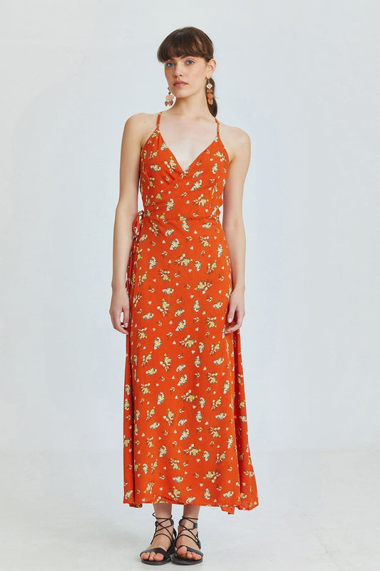 Orange Floral Bohemian Midi Dress with Wrap Front