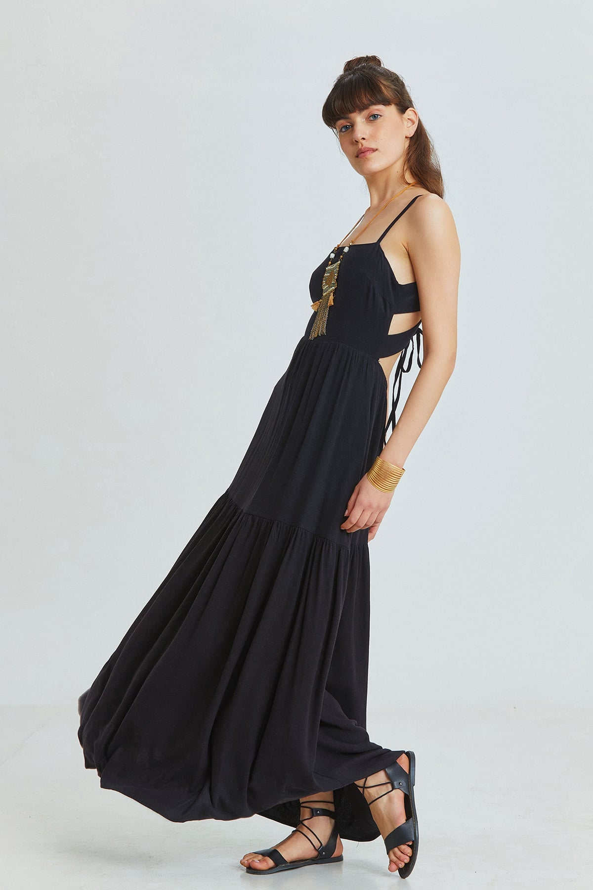 Black Bohemian Midi Dress with Criss-Cross Adjustable Straps and Gypsy Skirt