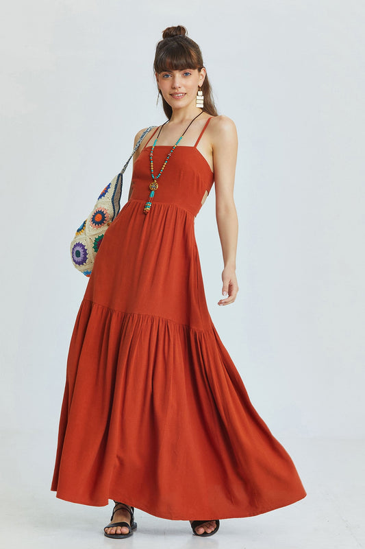 Burnt Orange Bohemian Midi Dress with Criss-Cross Adjustable Straps and Gypsy Skirt