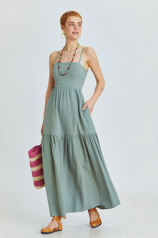 Pistacio Green Bohemian Midi Dress with Criss-Cross Adjustable Straps and Gypsy Skirt