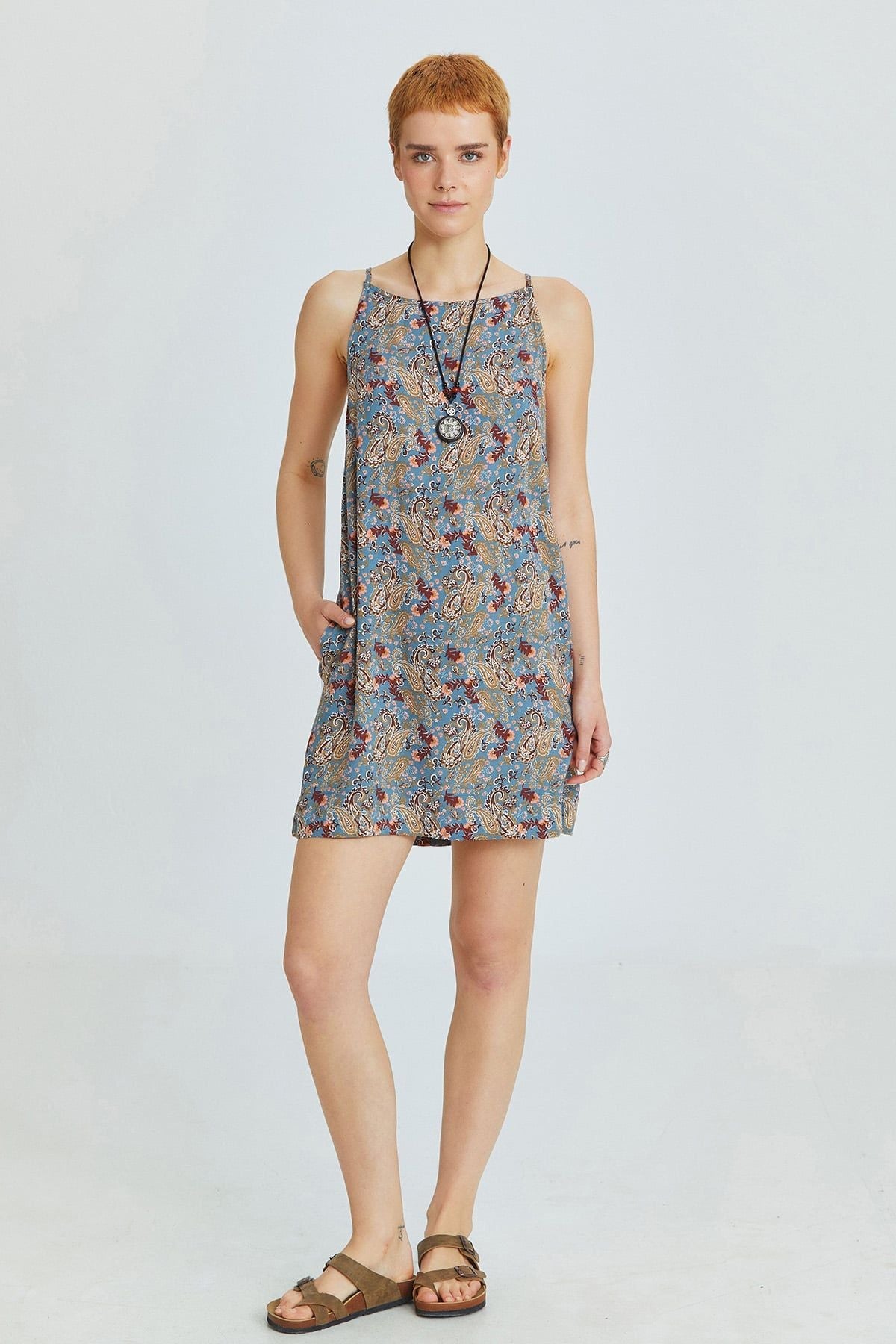 Blue Mini Bohemian Dress with Boat Neckline and Back Zipper