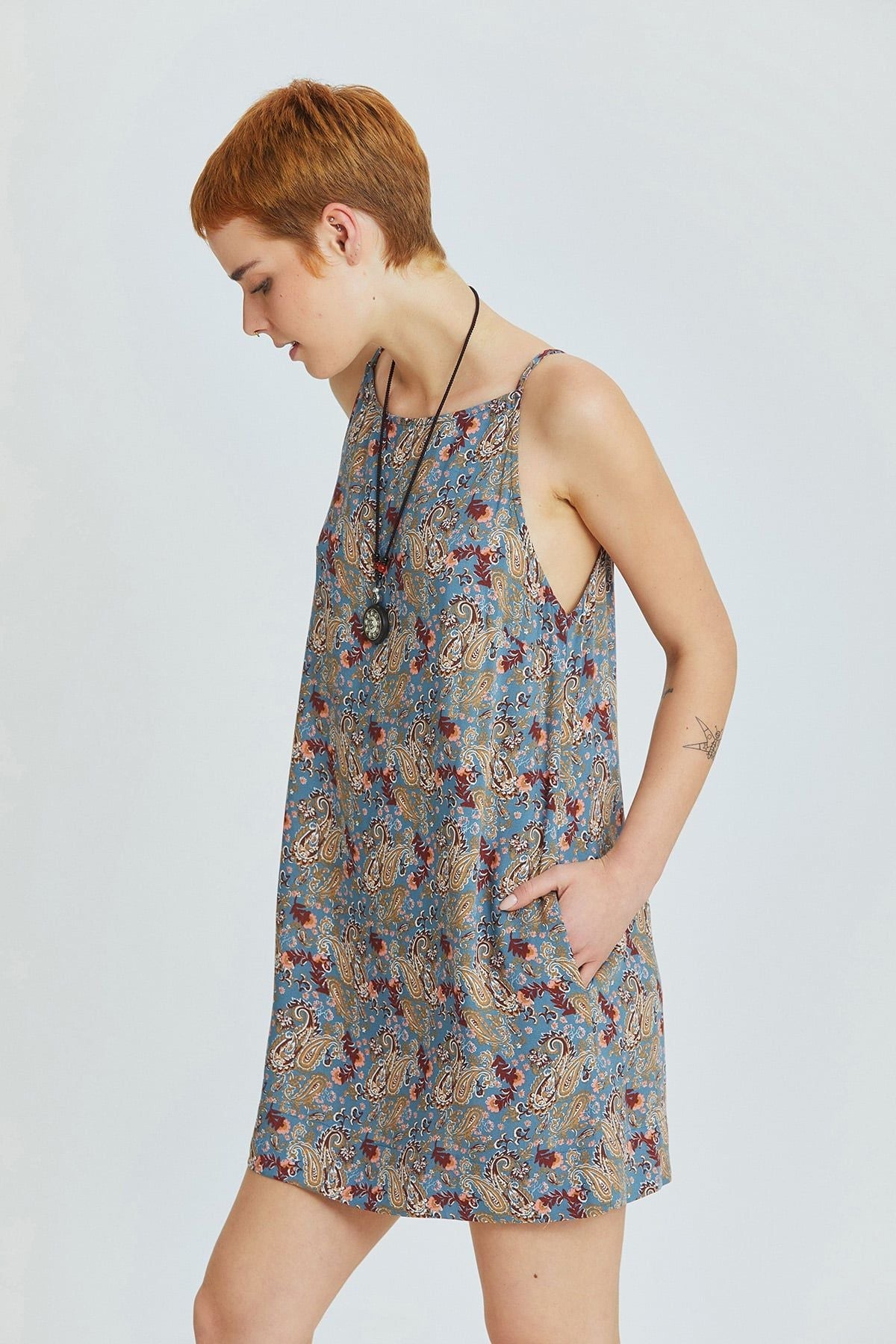 Blue Mini Bohemian Dress with Boat Neckline and Back Zipper