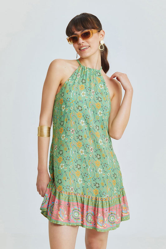 Green Mini Bohemian Dress with Halter Neckline and Patterned Ruffled Skirt