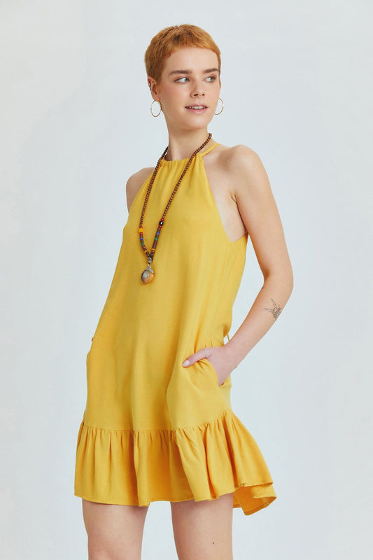 Yellow Linen Blend Mini Bohemian Dress with Halter Neckline and Ruffled Skirt