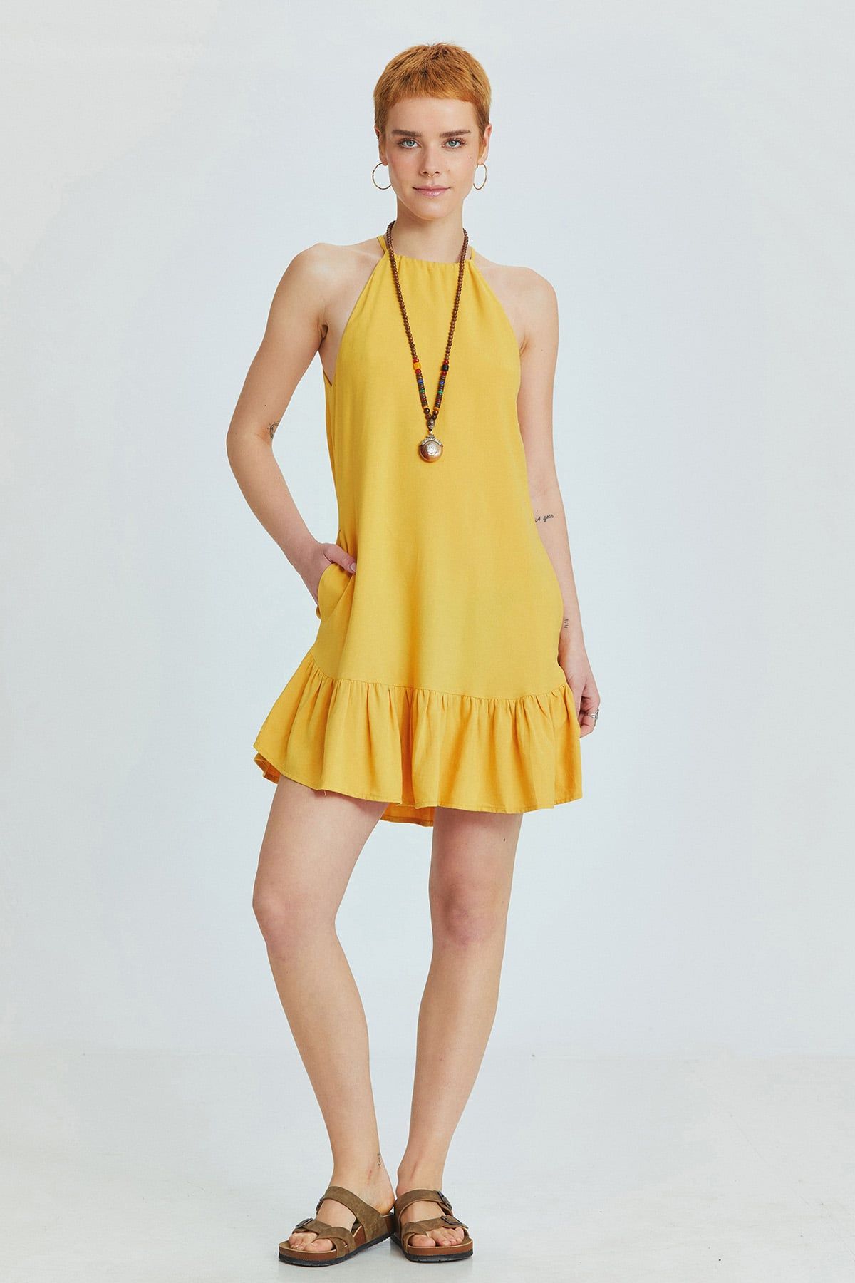 Yellow Linen Blend Mini Bohemian Dress with Halter Neckline and Ruffled Skirt