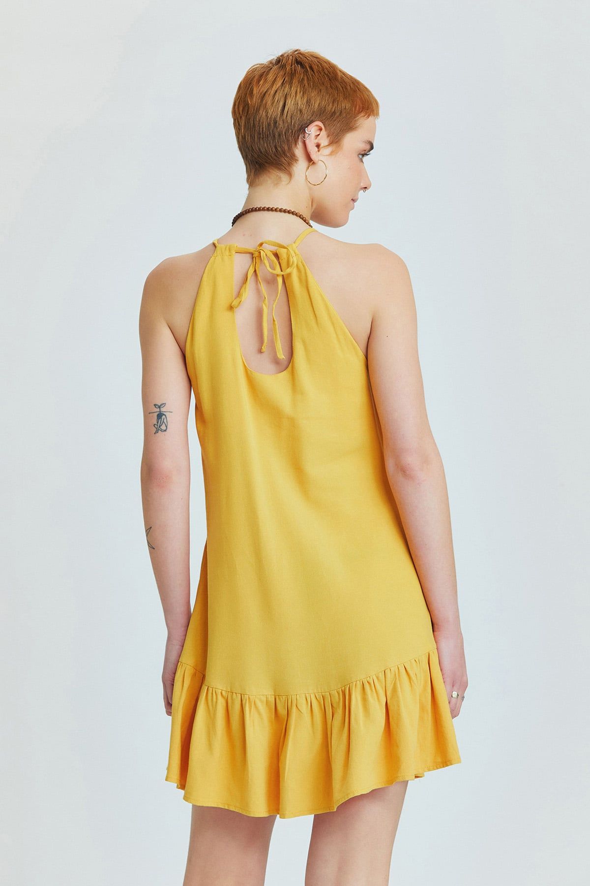 Yellow Linen Blend Mini Bohemian Dress with Halter Neckline and Ruffled Skirt