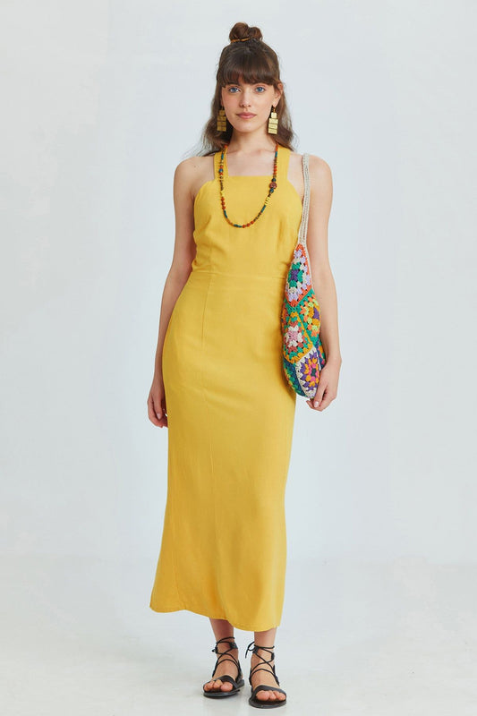 Mustard Linen Blend Midi Bohemian Dress with Cross-Back and Back Slit