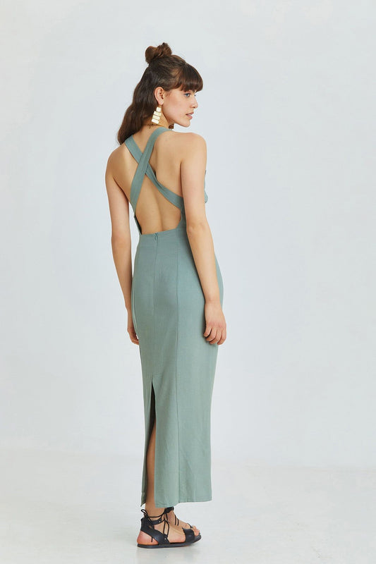 Pistachio Green Linen Blend Midi Bohemian Dress with Cross-Back and Back Slit