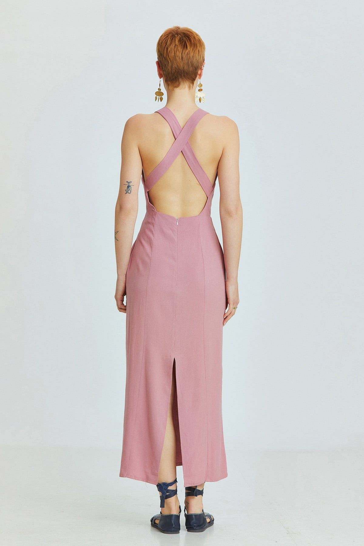 Dusty Rose Linen Blend Midi Bohemian Dress with Cross-Back and Back Slit