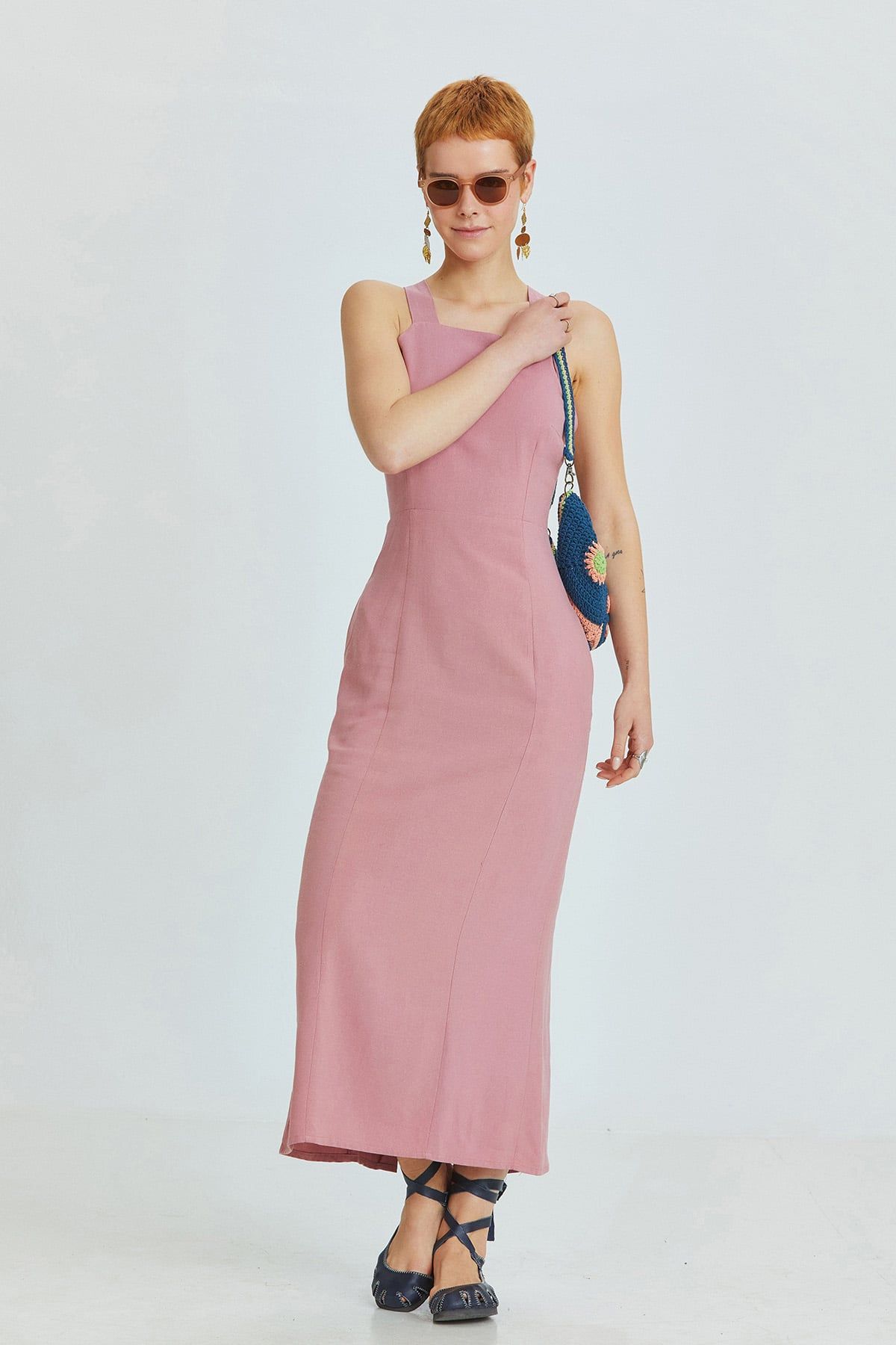 Dusty Rose Linen Blend Midi Bohemian Dress with Cross-Back and Back Slit