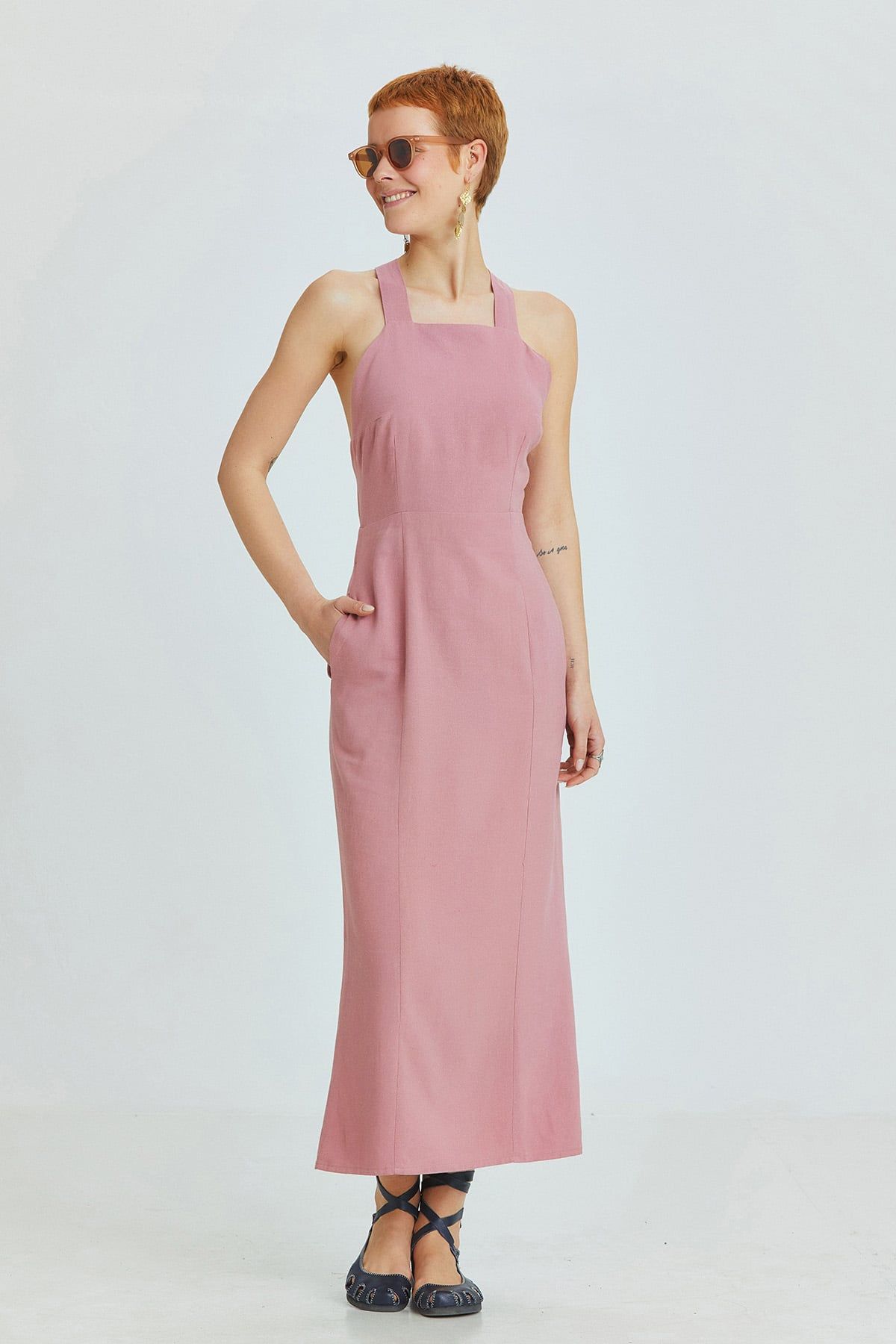 Dusty Rose Linen Blend Midi Bohemian Dress with Cross-Back and Back Slit