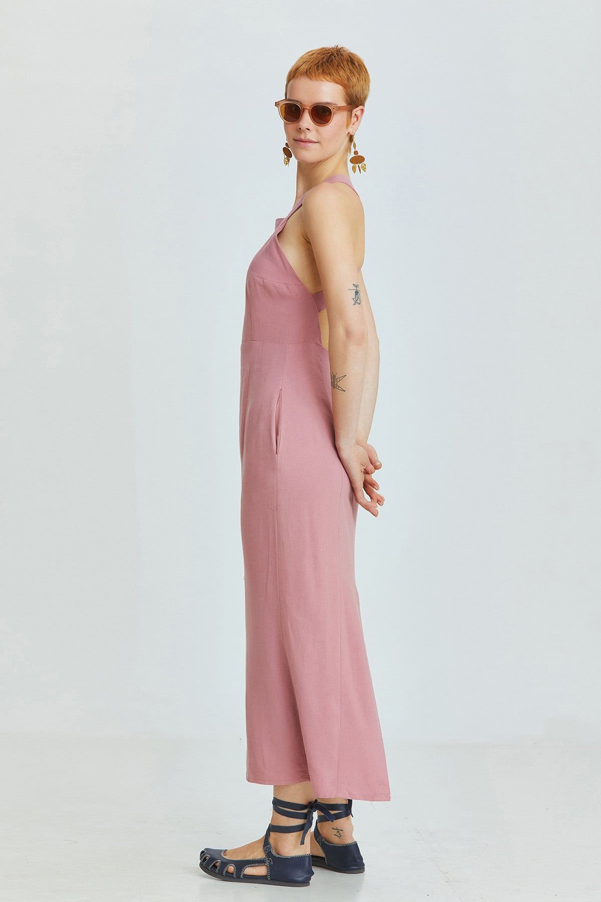 Dusty Rose Linen Blend Midi Bohemian Dress with Cross-Back and Back Slit