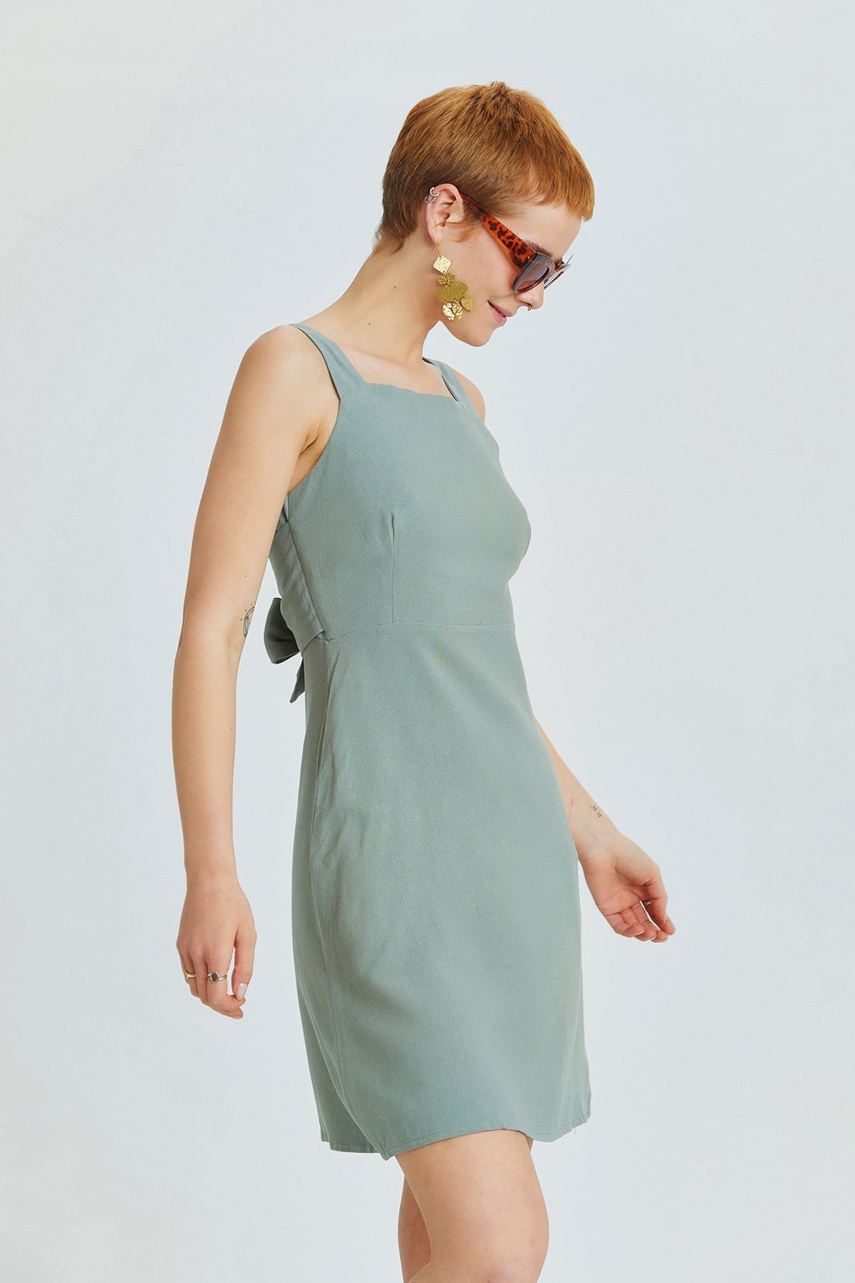 Pistachio Green Mini Bohemian Dress with Back Lace-Up and Hidden Zipper