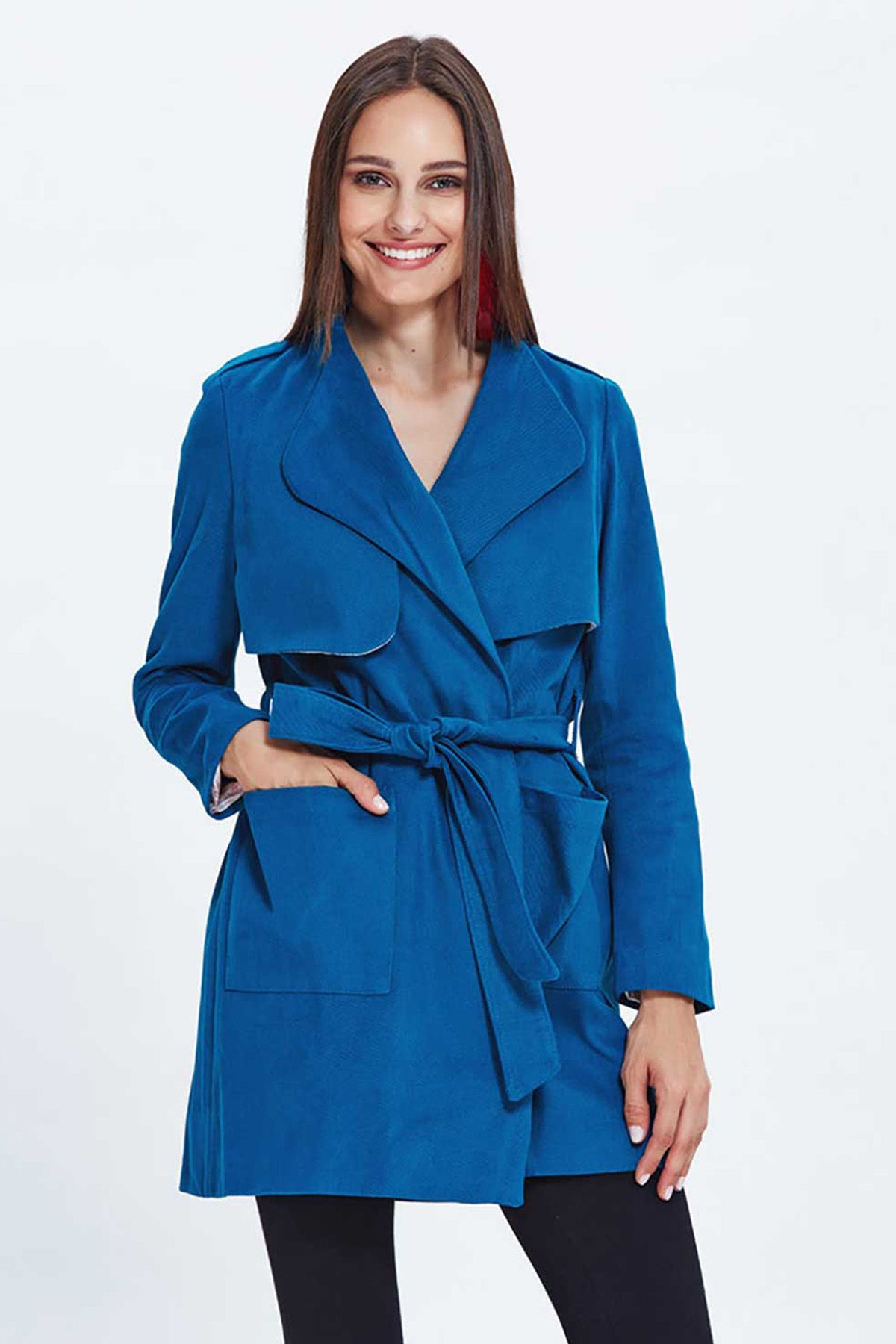 Petrol Blue Turndown Collar Trenchcoat