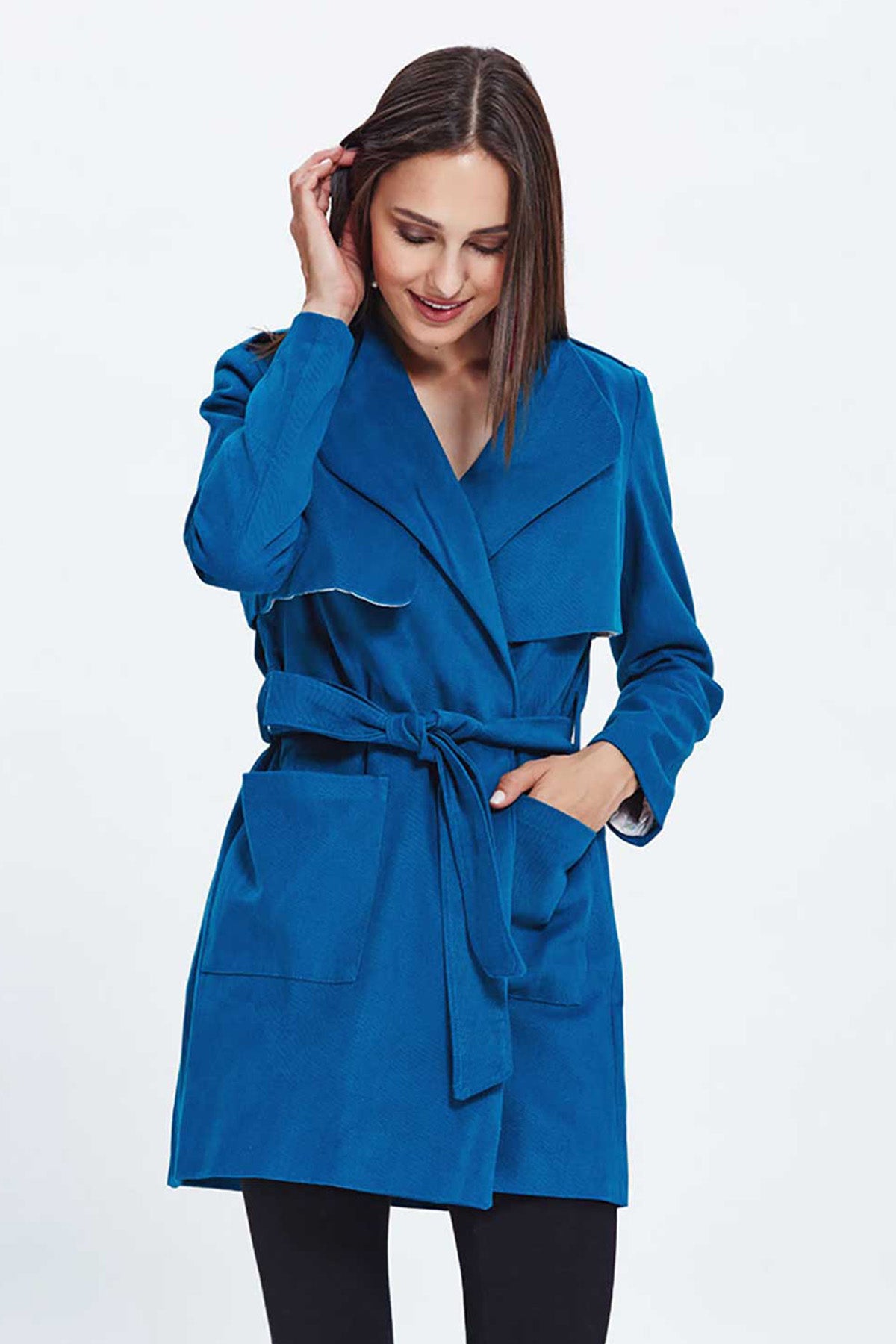 Petrol Blue Turndown Collar Trenchcoat