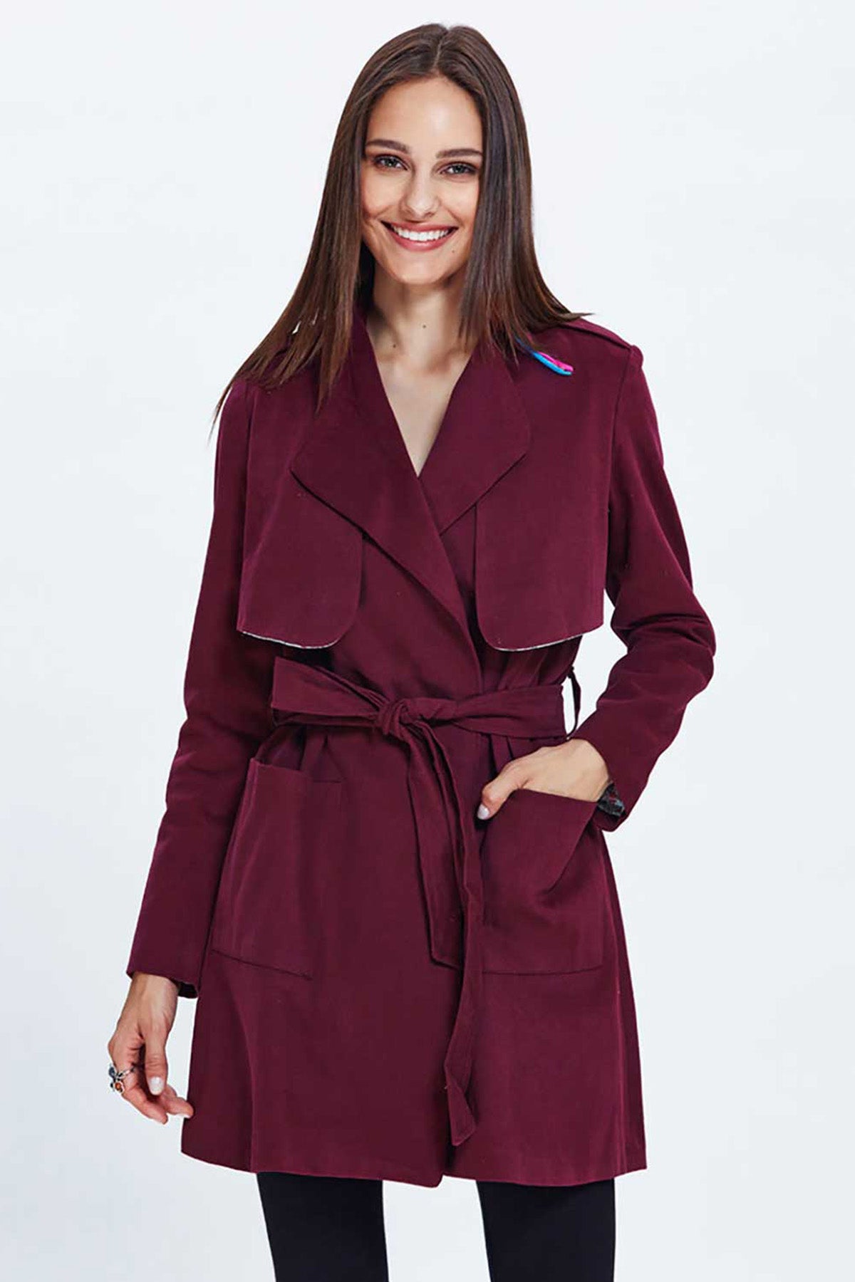 Maroon Turndown Collar Trenchcoat