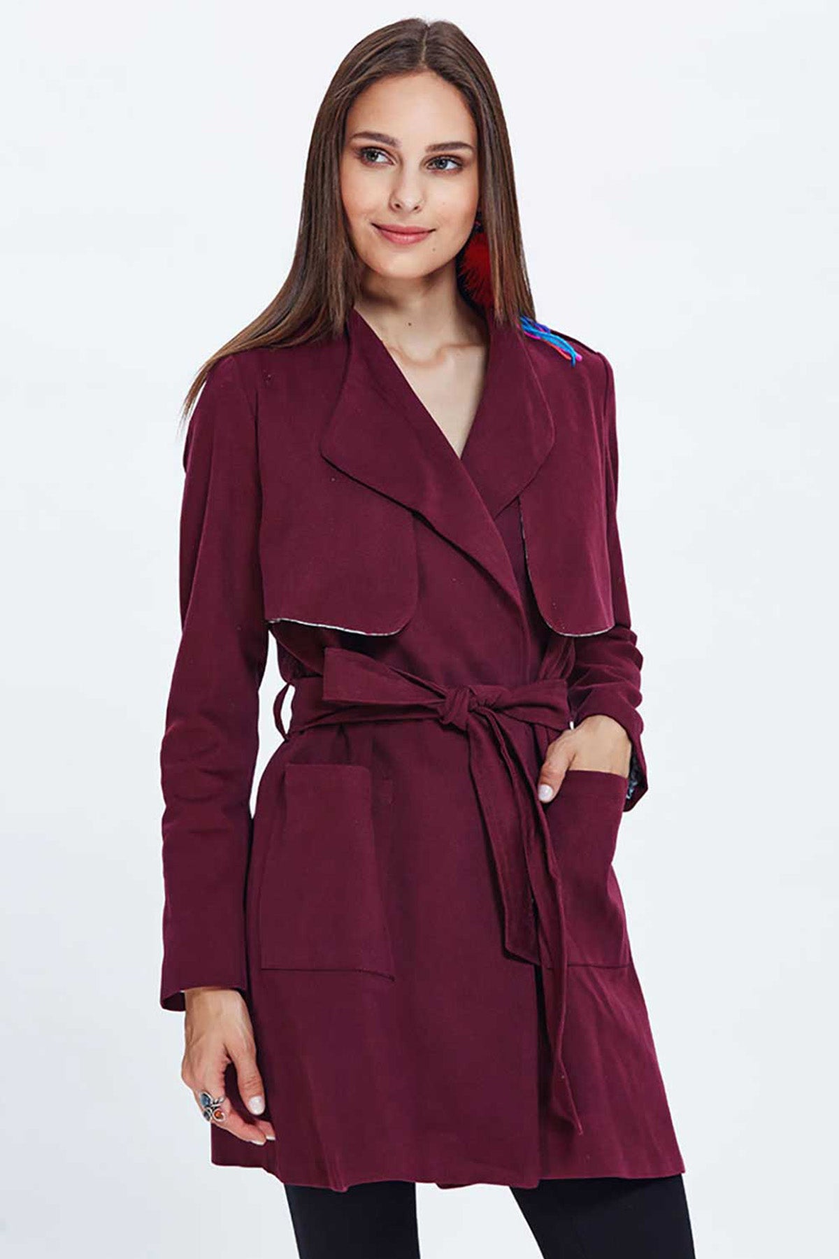 Maroon Turndown Collar Trenchcoat