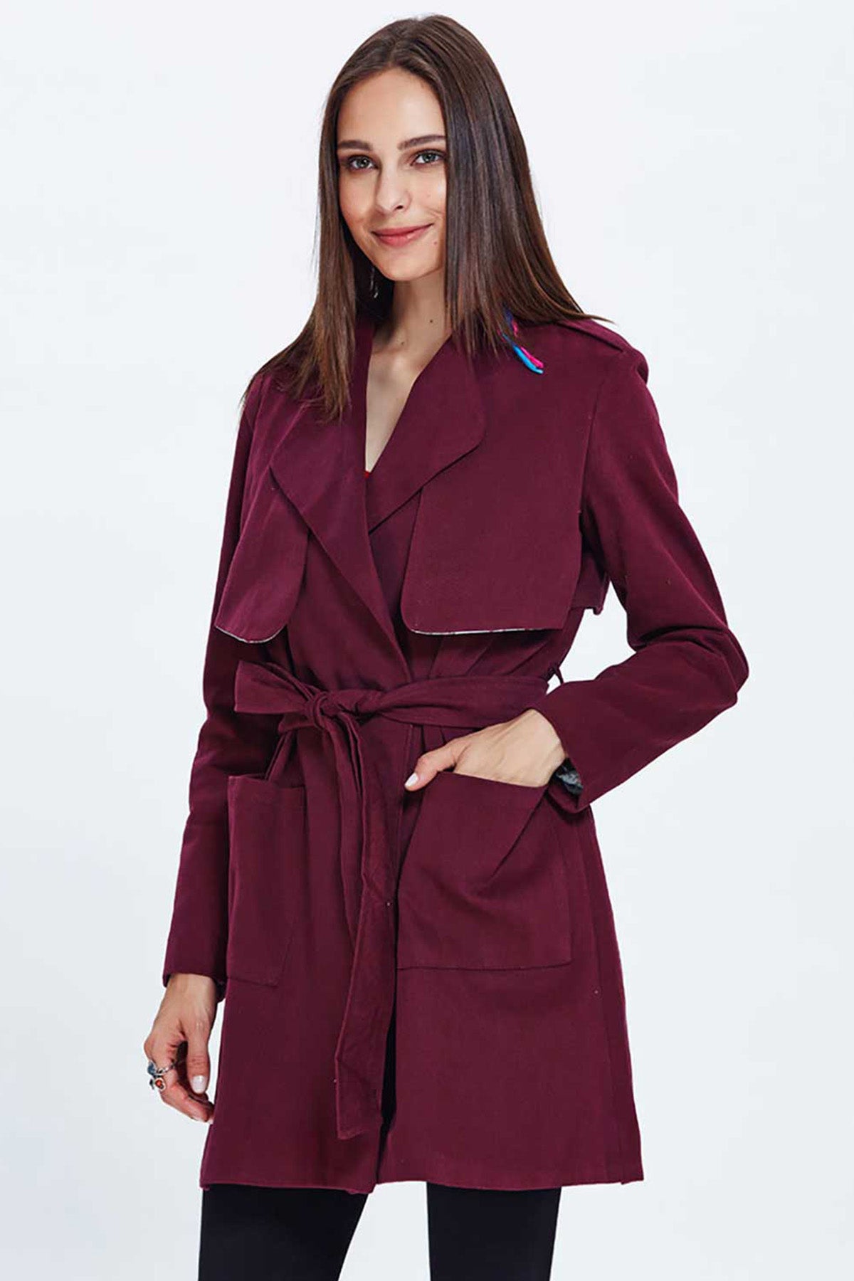 Maroon Turndown Collar Trenchcoat