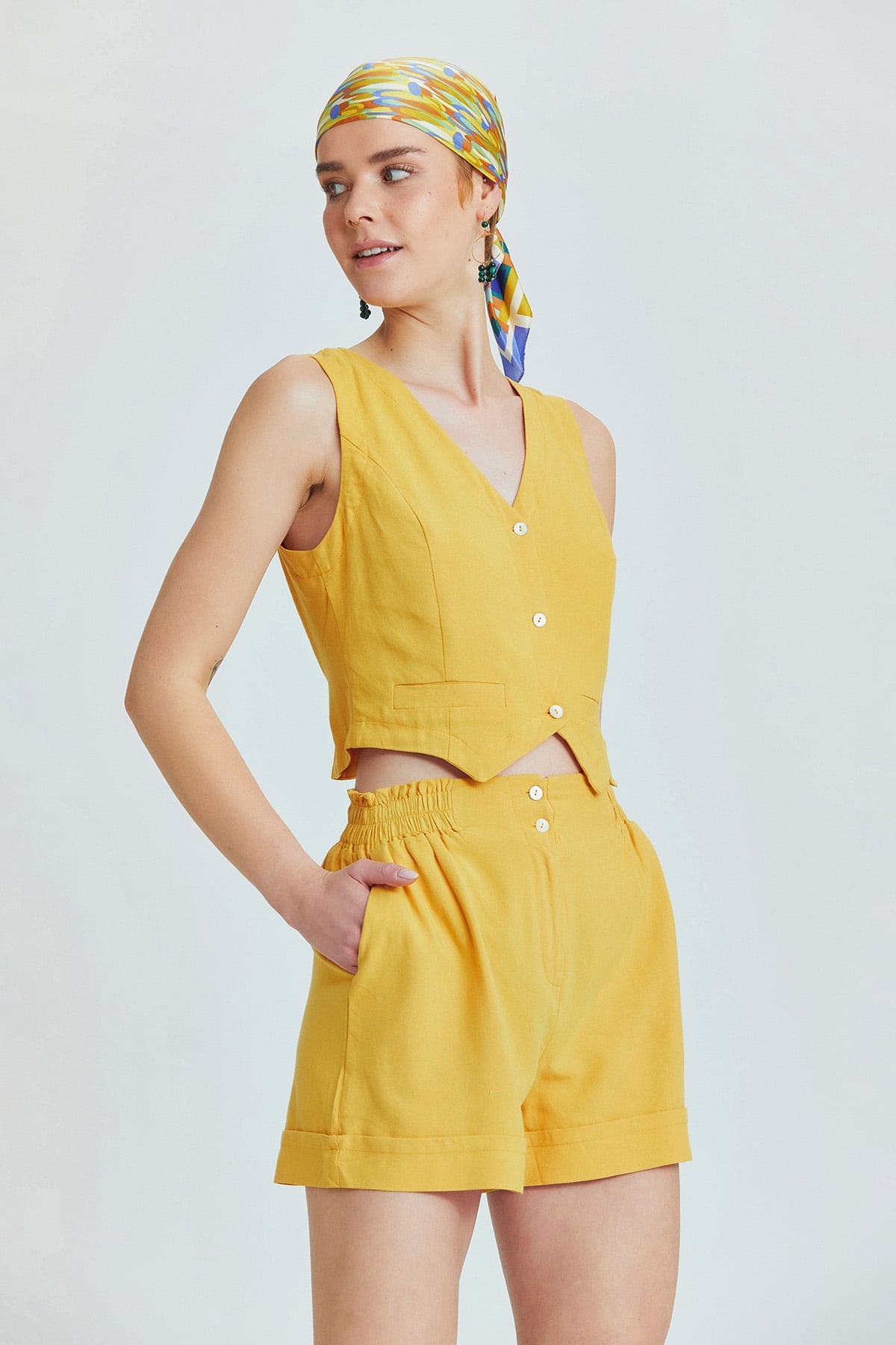 Mustard Bohemian Vest with Classic Cut and Shell Button Closure