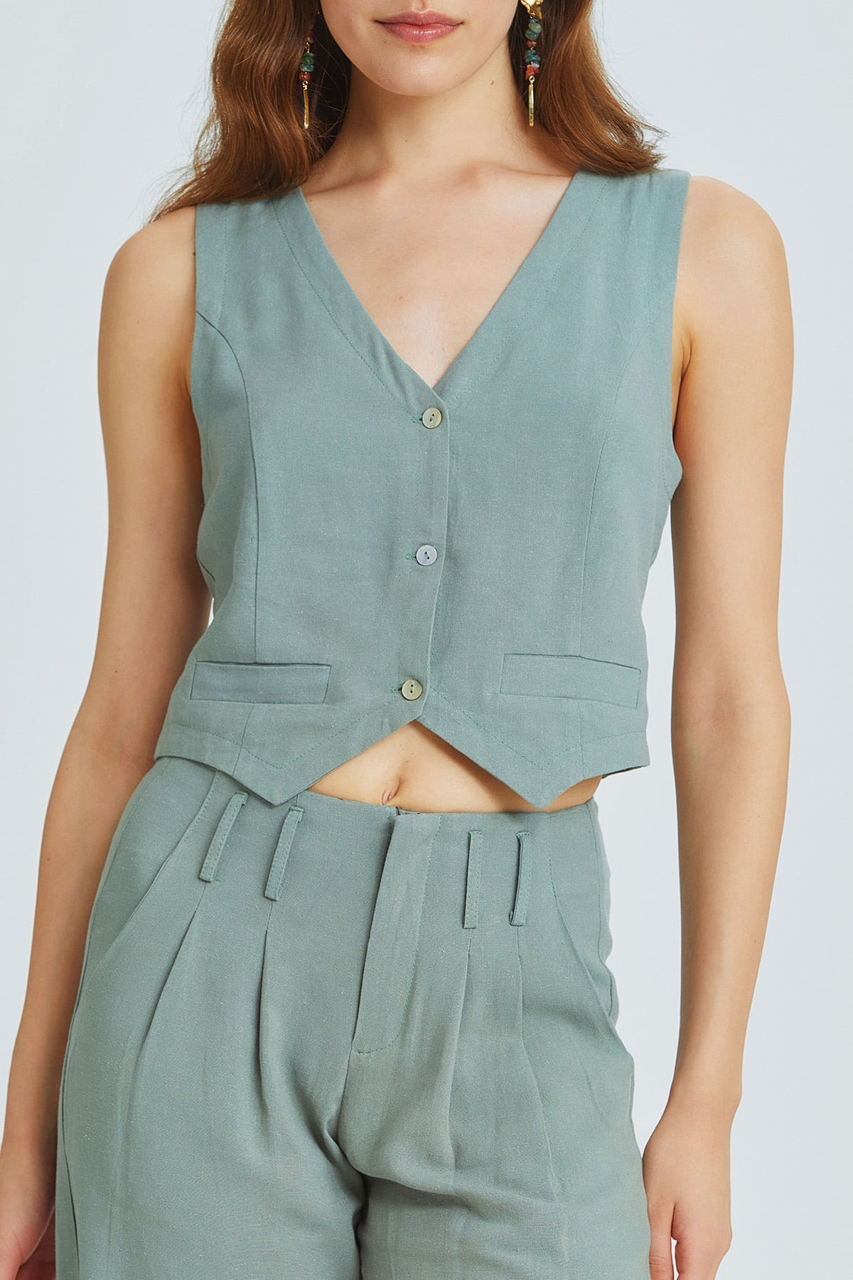 Pistachio Green Bohemian Vest with Classic Cut and Shell Button Closure