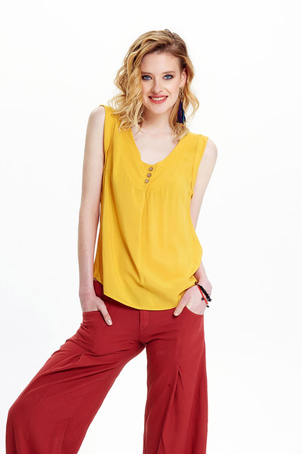 Yellow Bohemian Blouse with Coconut Buttons and Flowing Viscose Fabric