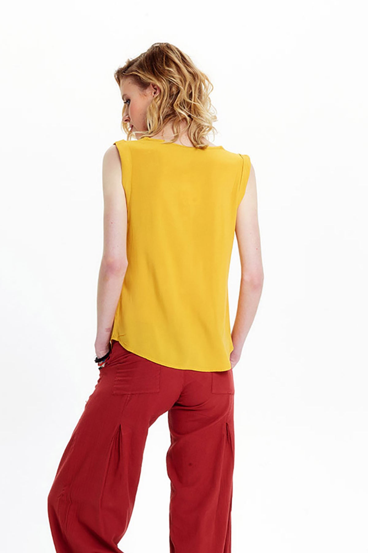 Yellow Bohemian Blouse with Coconut Buttons and Flowing Viscose Fabric