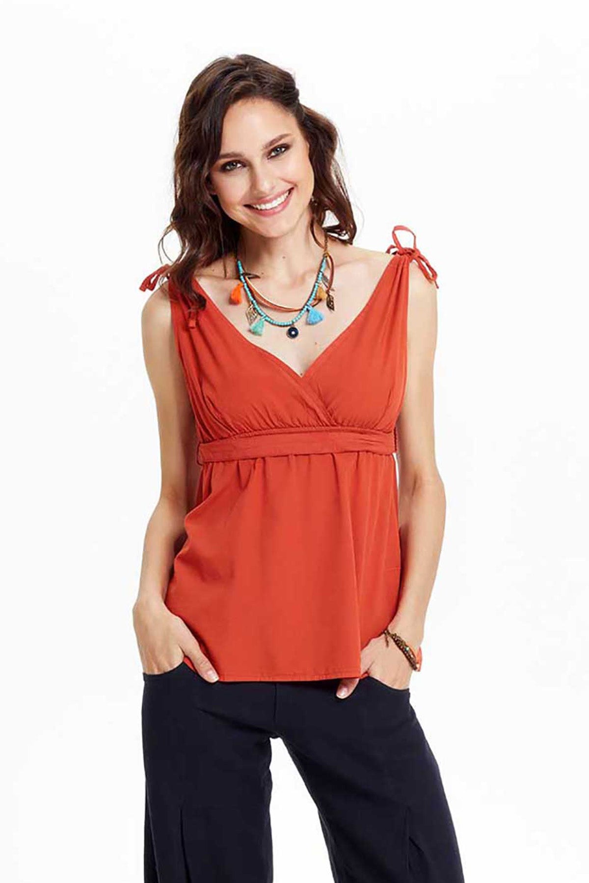 Burnt Orange V Neck Authentic Blouse