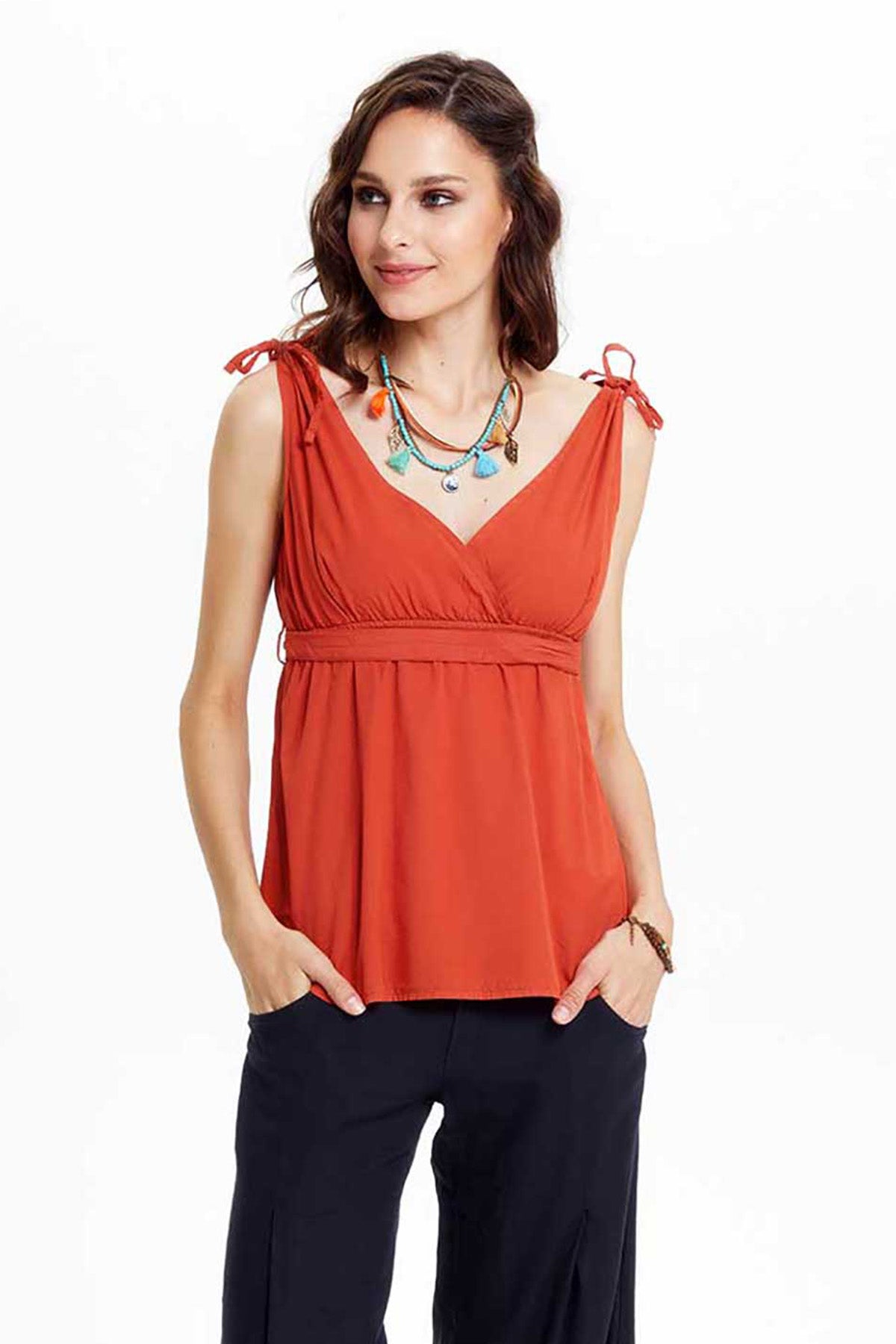 Burnt Orange V Neck Authentic Blouse