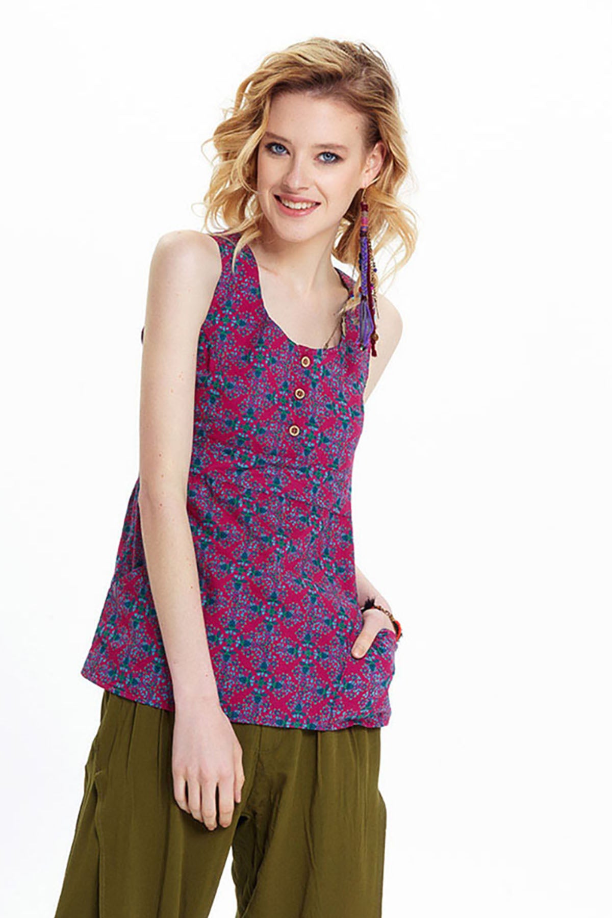 Purple U-Neck Summer Bohemian Blouse with Elastic Back Waist