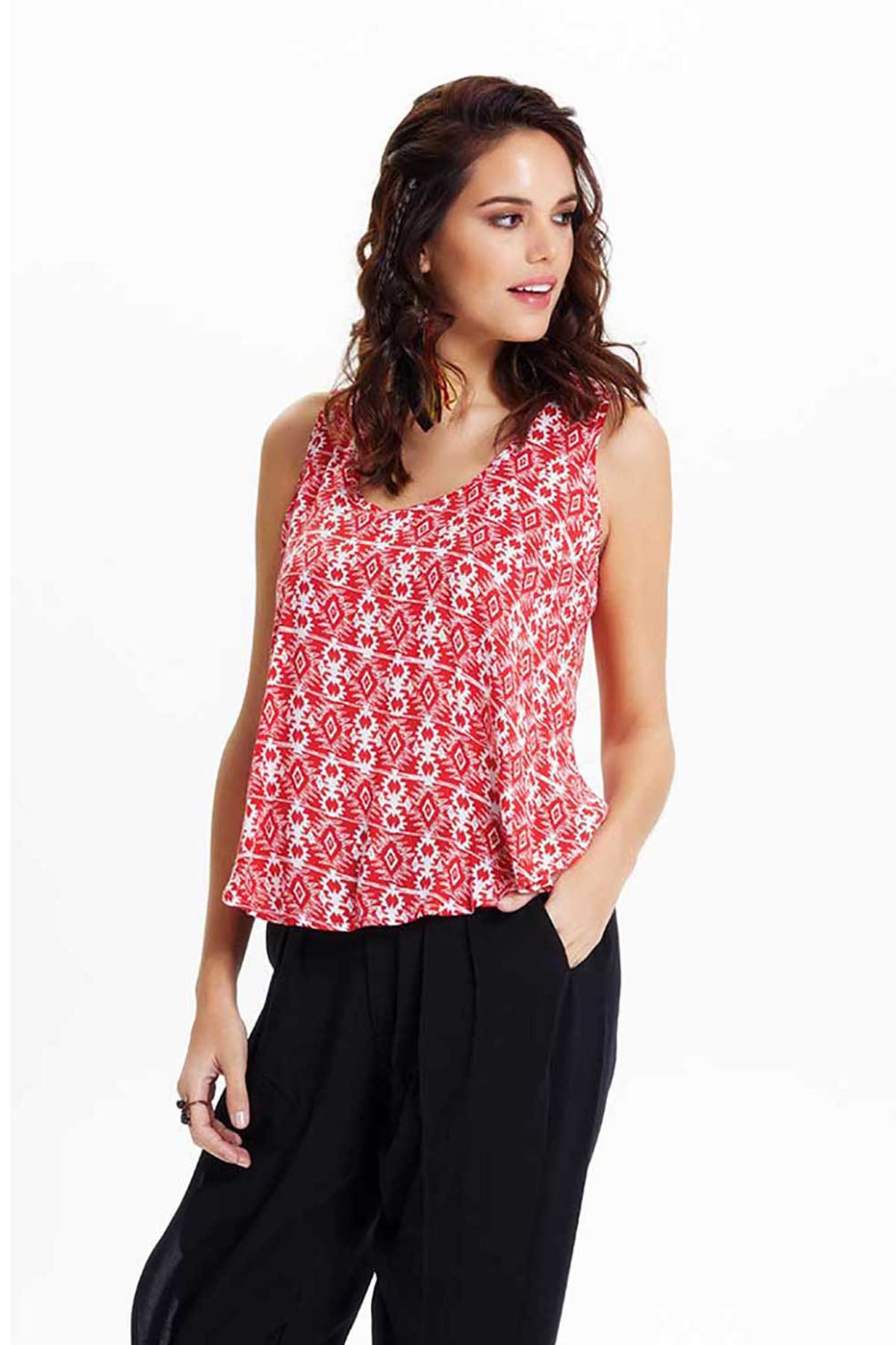 Red U-Neck Bohemian Blouse with Flowing Fit and Back Buttons