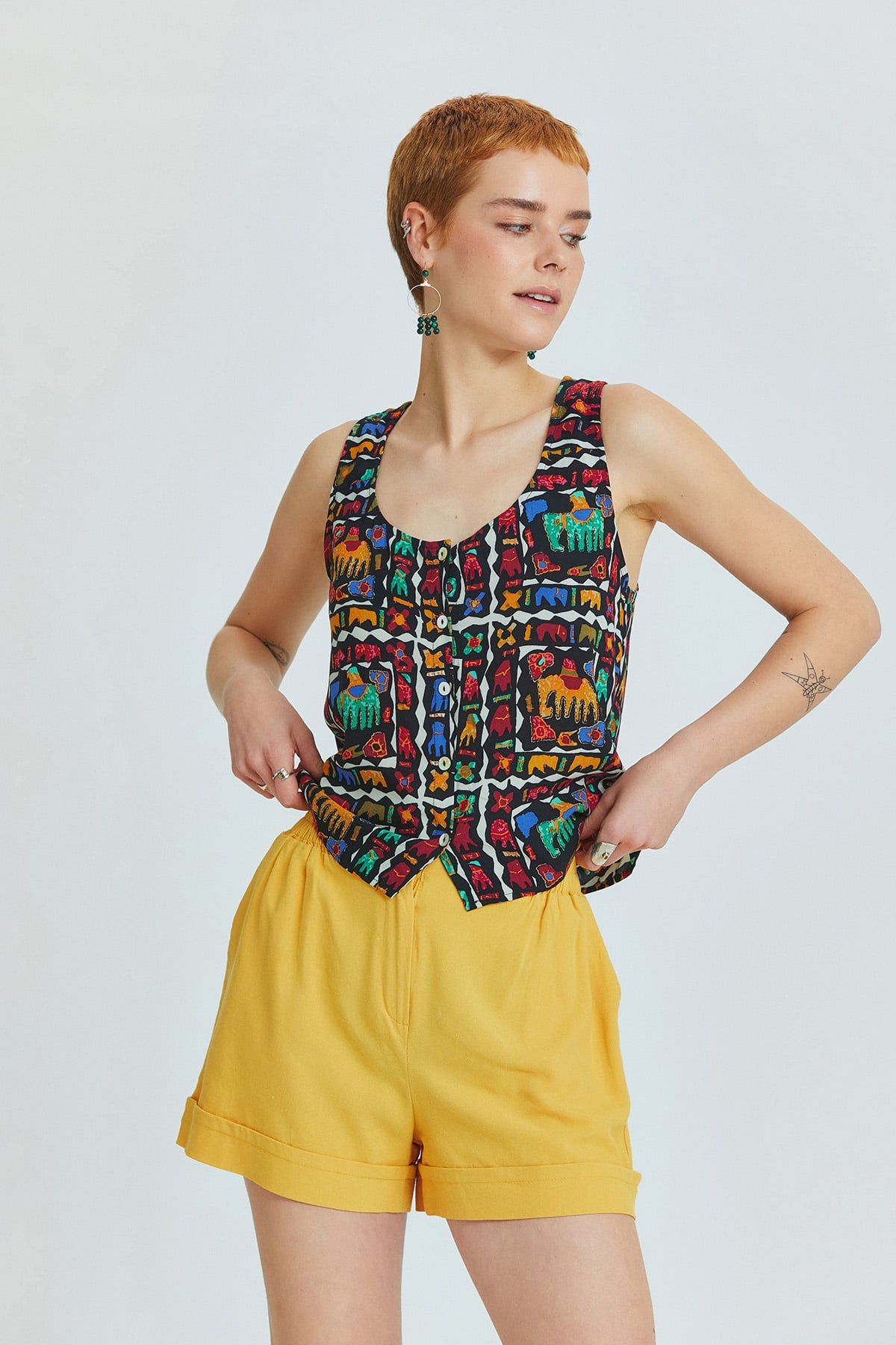 Black Elephant Pattern Bohemian Blouse with Back Window