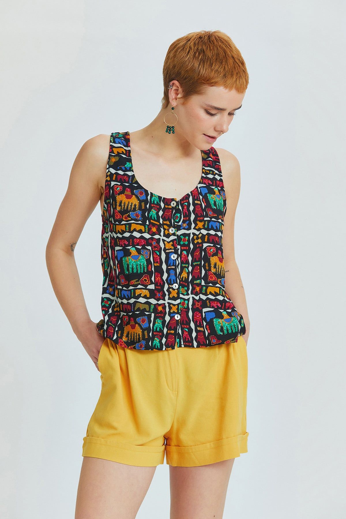 Black Elephant Pattern Bohemian Blouse with Back Window