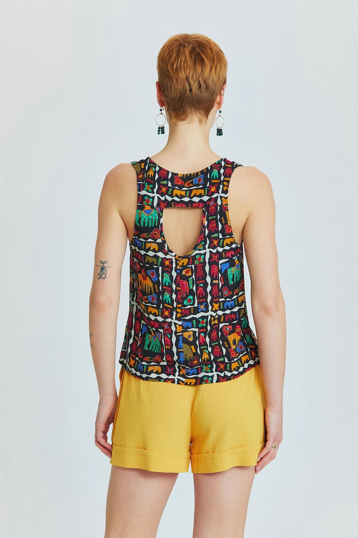 Black Elephant Pattern Bohemian Blouse with Back Window