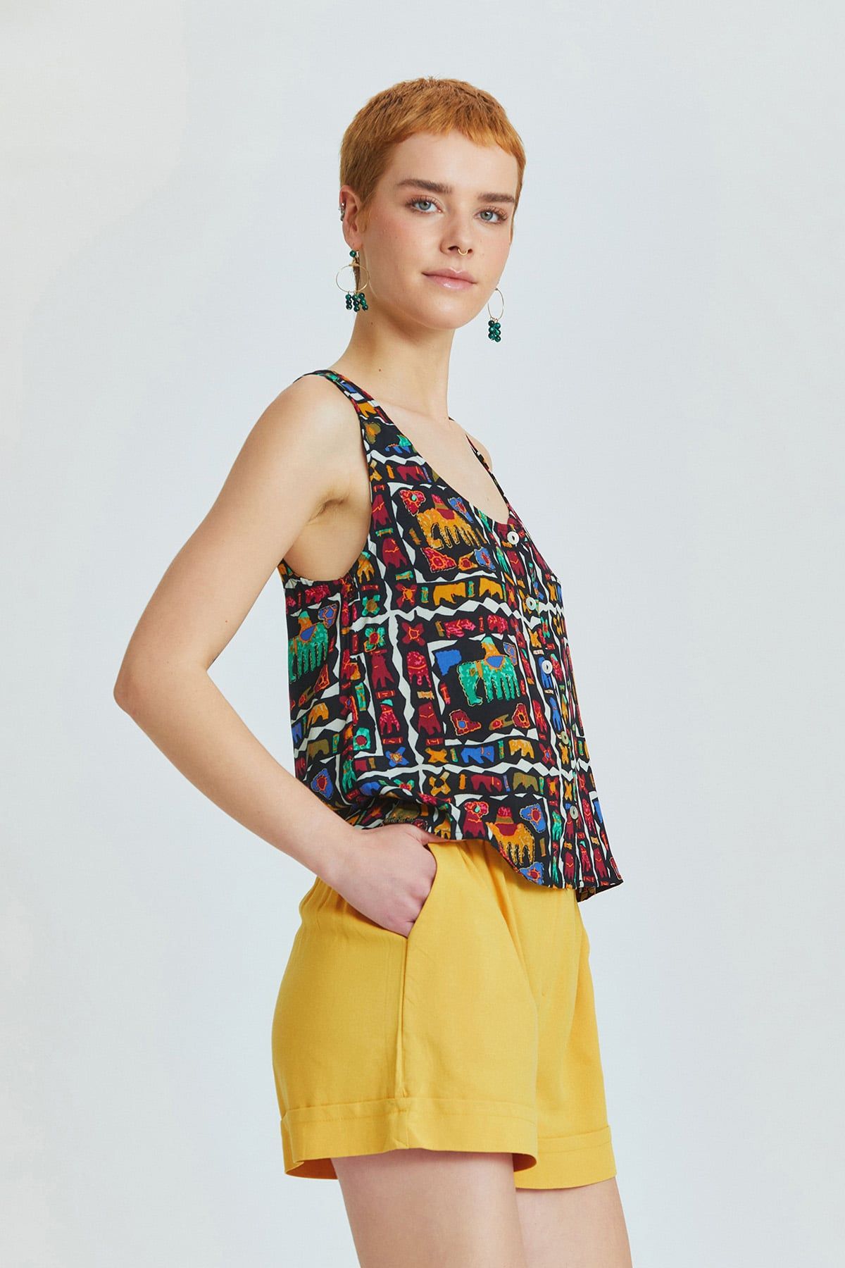 Black Elephant Pattern Bohemian Blouse with Back Window