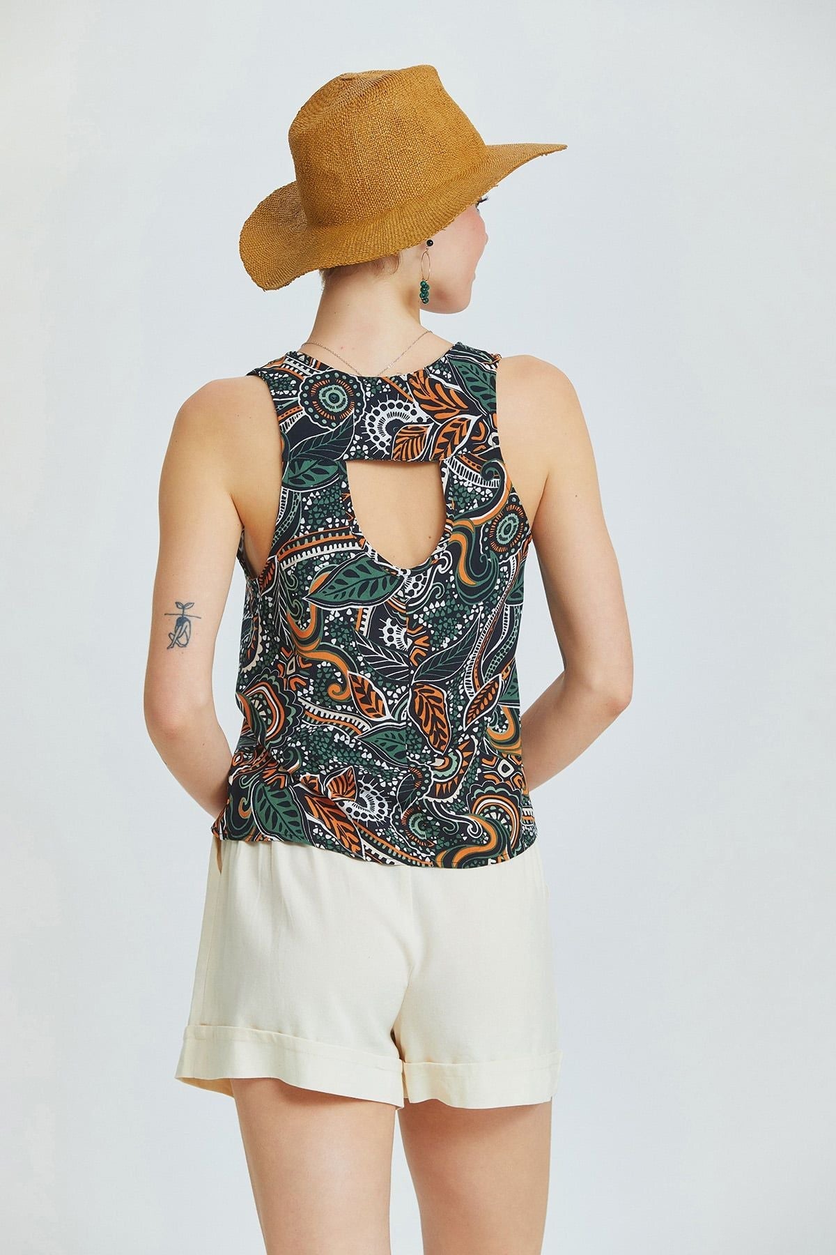 Orange Ethnic Pattern Bohemian Blouse with Back Window