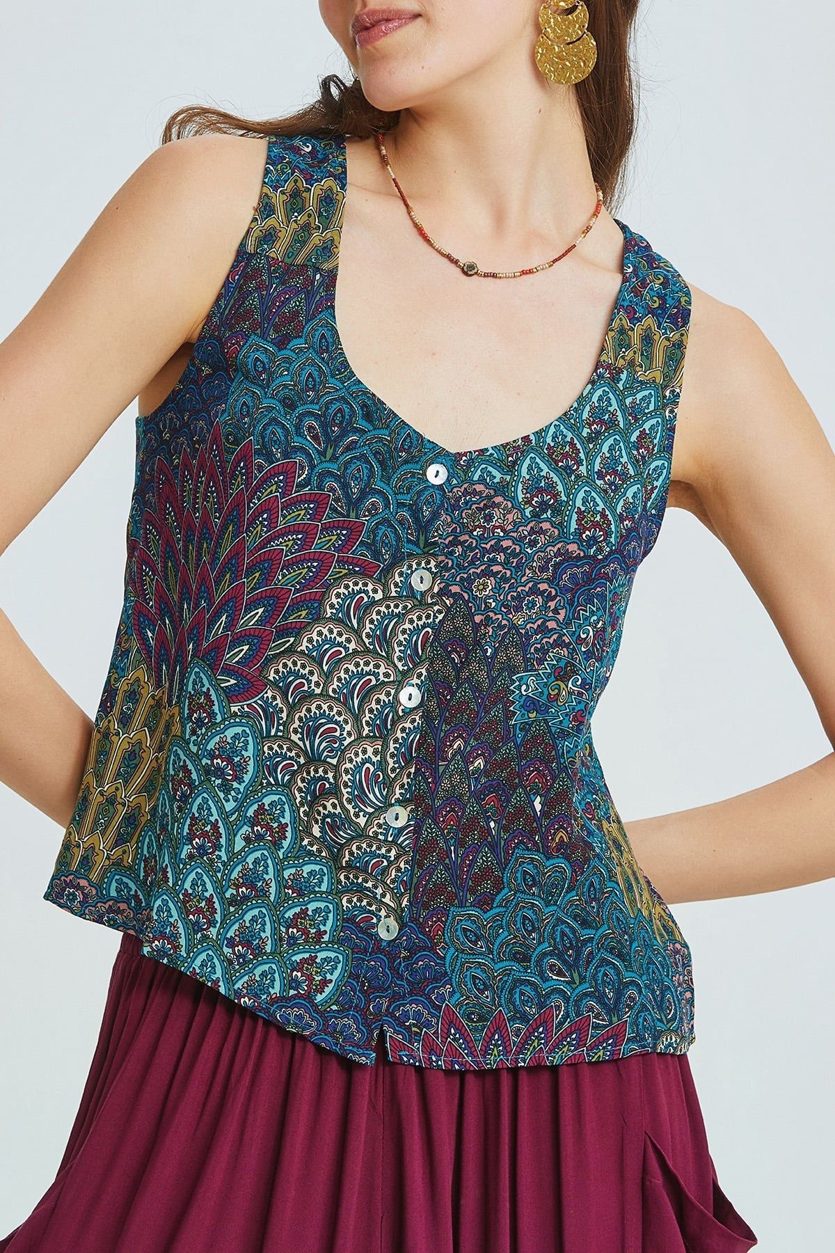 Turquoise Peacock Pattern Bohemian Blouse with Back Window