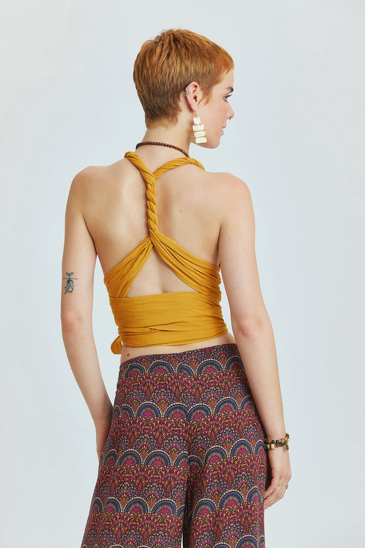 Open Back Bohemian Crop Top Yellow