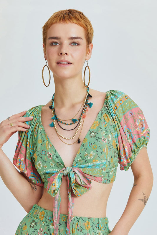 Green Floral Bohemian Blouse with Elastic Shoulders and Front Tie Closure