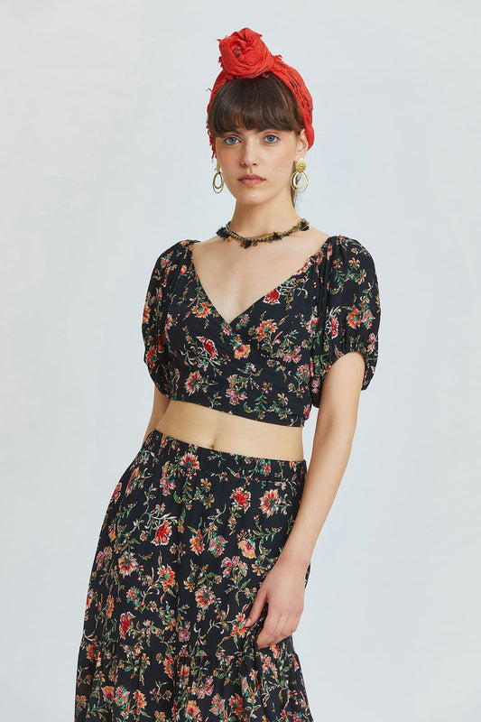 Black Floral Bohemian Blouse with Elastic Shoulders and Front Tie Closure