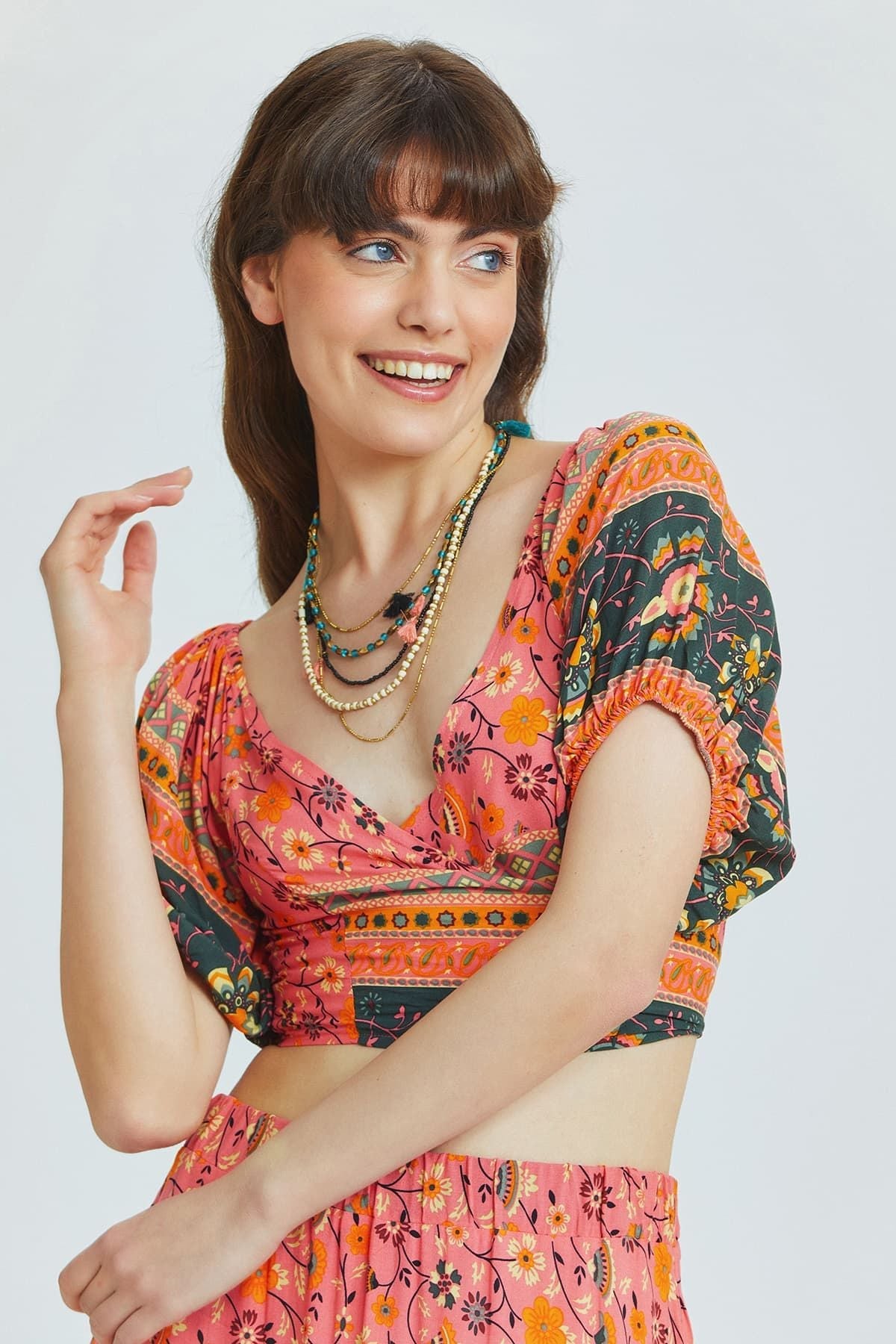 Pink Floral Bohemian Blouse with Elastic Shoulders and Front Tie Closure