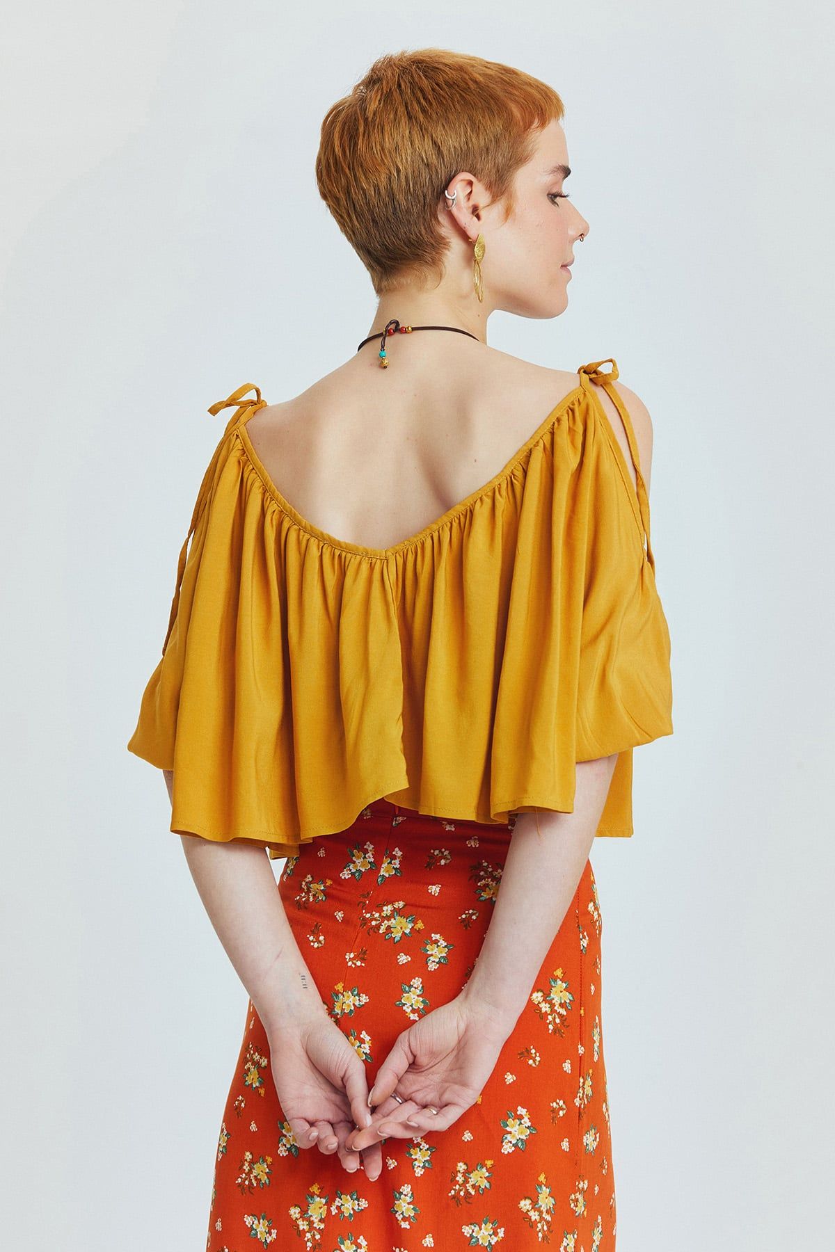 Yellow Viscose Crop Blouse with Wide V-Neck and Off-Shoulder Design