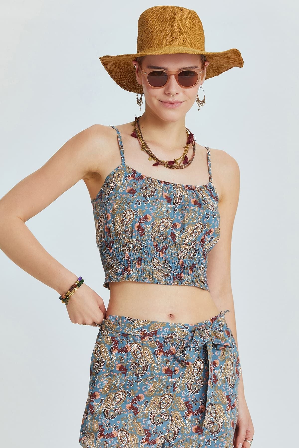 Blue Floral Viscose Crop Blouse with Lace Details