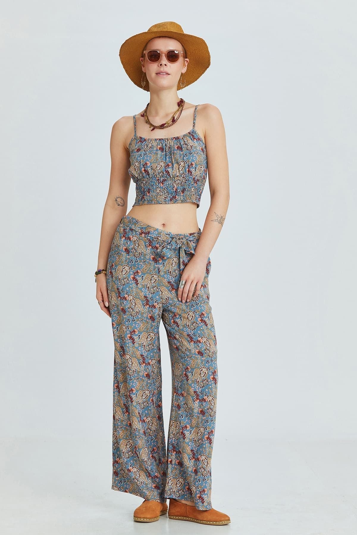 Blue Floral Viscose Crop Blouse with Lace Details