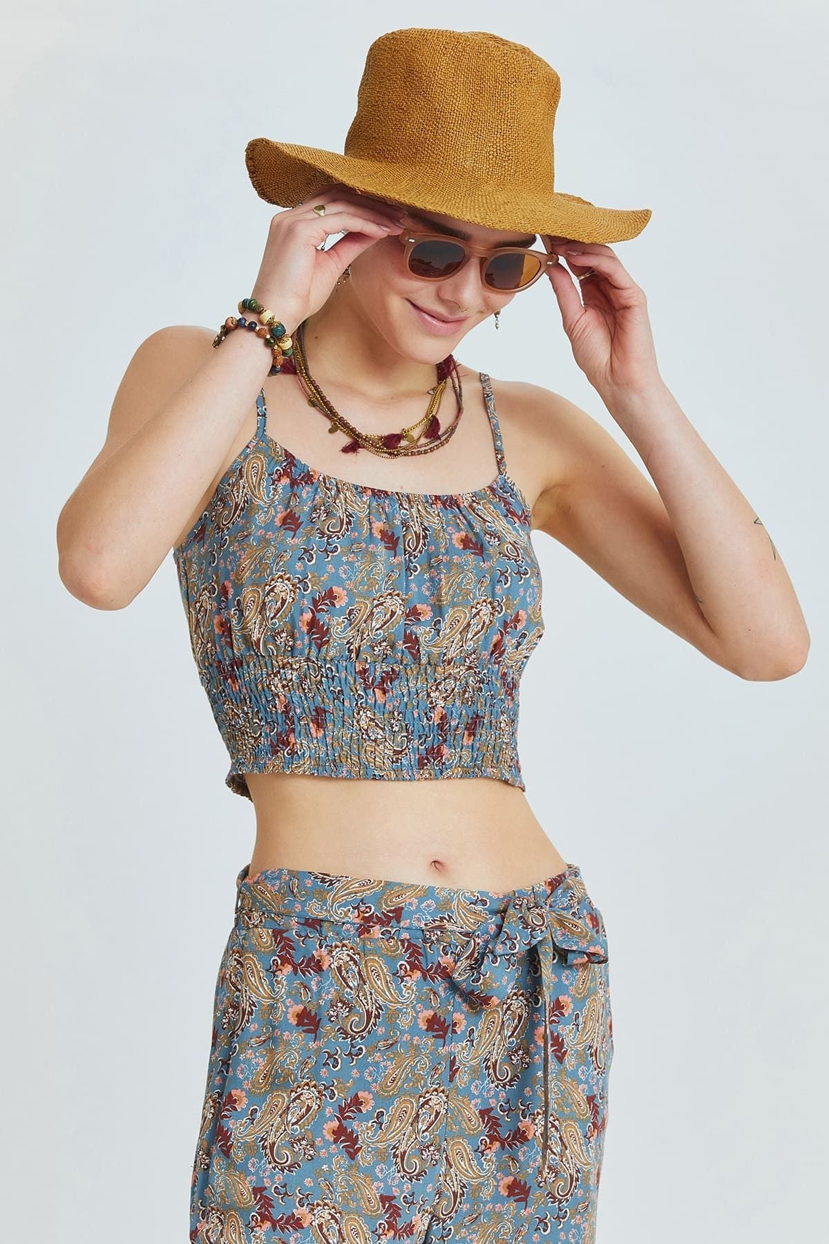 Blue Floral Viscose Crop Blouse with Lace Details