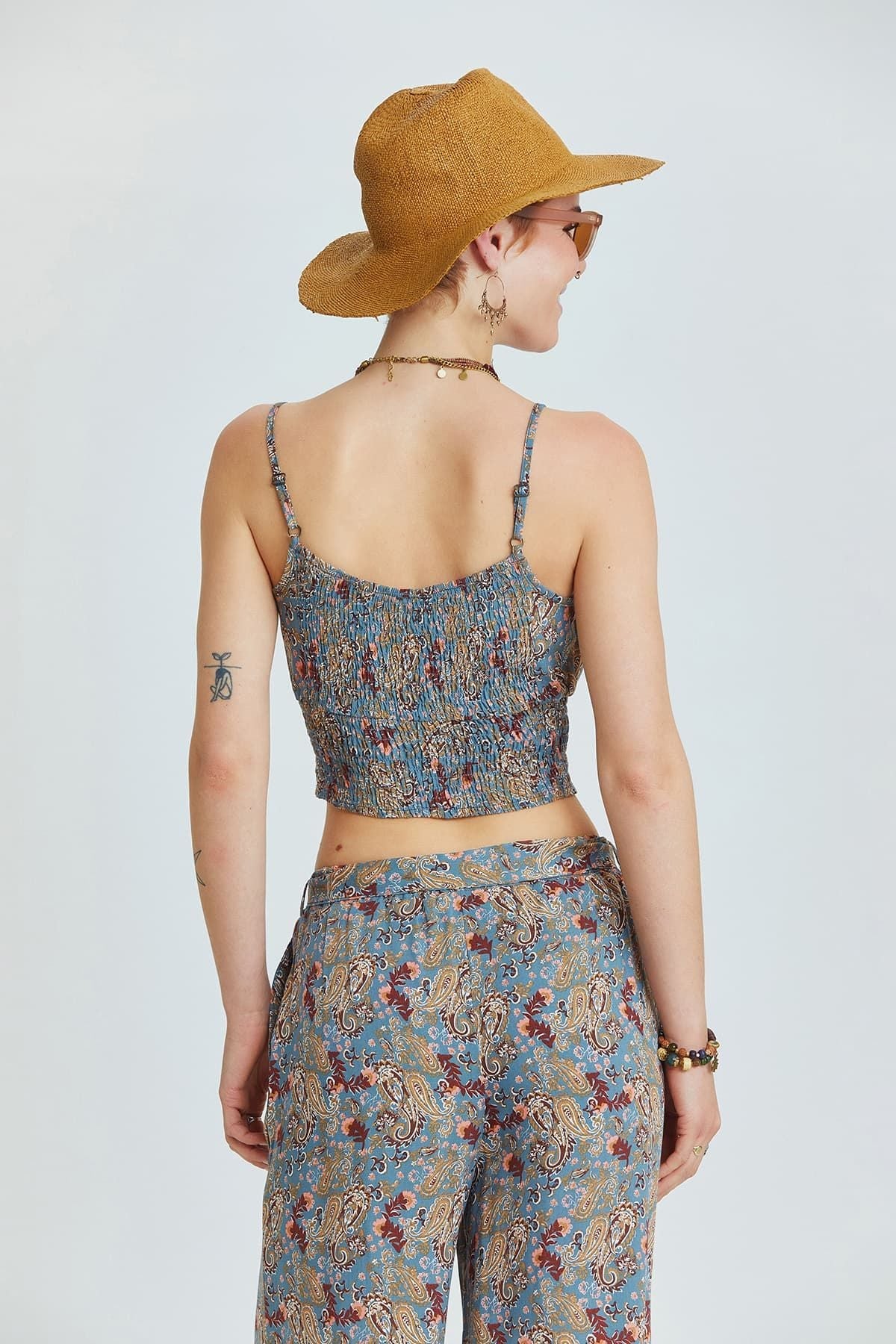 Blue Floral Viscose Crop Blouse with Lace Details