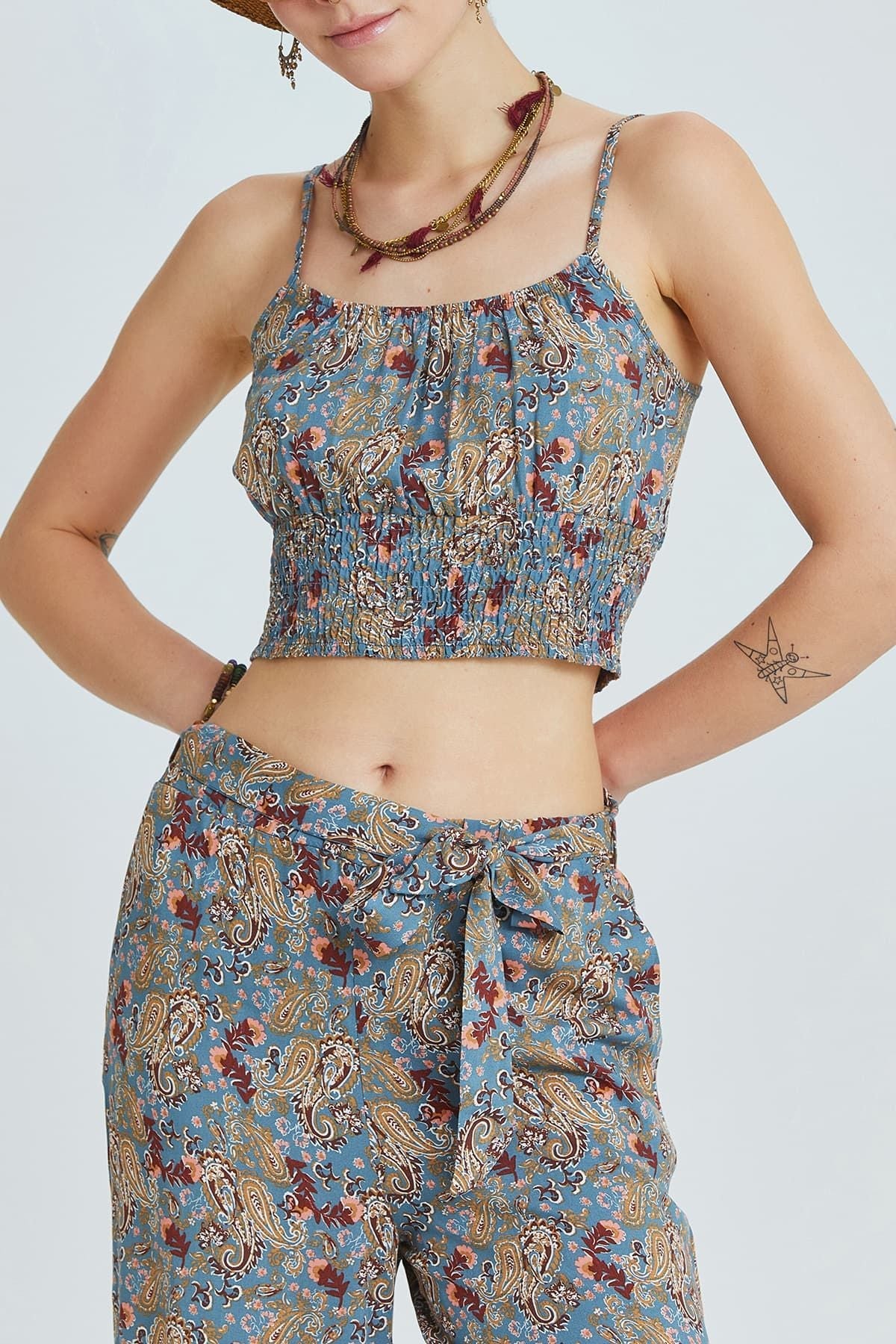 Blue Floral Viscose Crop Blouse with Lace Details