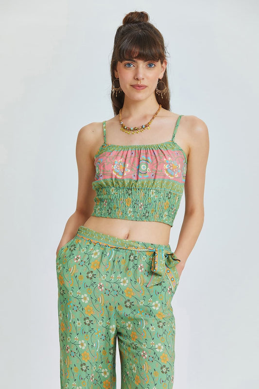 Green Floral Viscose Crop Blouse with Lace Details
